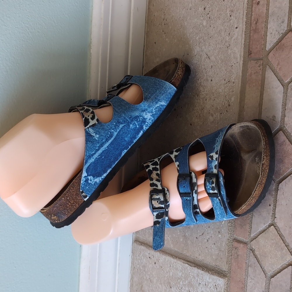 Birkenstock Papillio Florida Damask Blue 3 Strap Sandal Leopard Denim Wash L7 M5